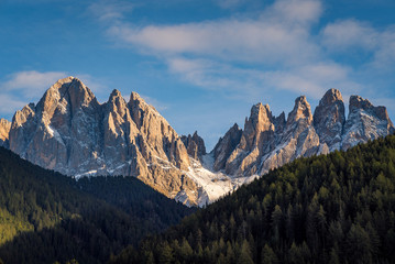 Scenic view of the Geisler Odle mountain peaks in The Dolomites in the Val di Funes in South Tyrol, Northern Italy