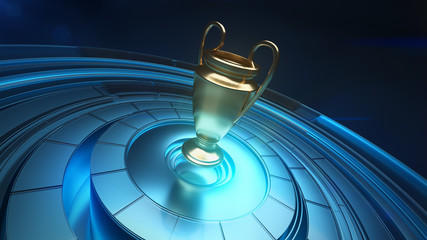 Golden champions cup designed in 3D placed in air above blue round platform