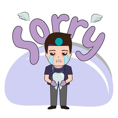 Dentist with word SORRY, Cartoon character Dentist Design, Medical worker, Medical concept. Vector illustration.