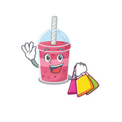 Obraz premium Rich and famous strawberry bubble tea cartoon character holding shopping bags