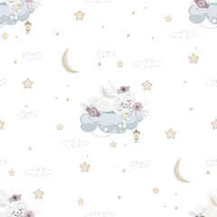 Wallpaper murals Animals with balloon Seamless background with sleeping bunny on cloud