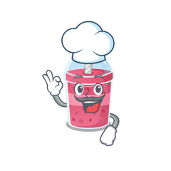 Strawberry bubble tea chef cartoon design style wearing white hat