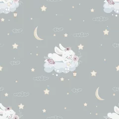 Peel and stick wall murals Girls room Seamless background with sleeping bunny on cloud