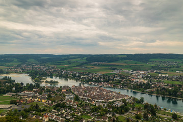 Fototapeta na wymiar A scenic panoramic view overlooking the town of Stein am Rhein along the Rhine river in Switzerland