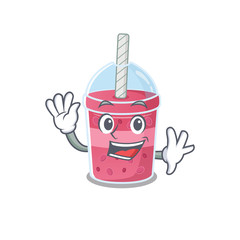 A charismatic strawberry bubble tea mascot design style smiling and waving hand