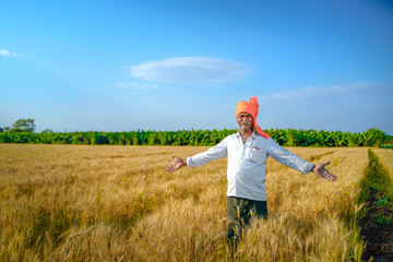 young indian farmer spreading his arms at wheat field