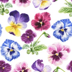 Watercolor pansy seamless pattern, hand drawn flower repeating background, viola illustration. 