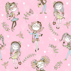 Seamless pattern with cute trendy teen girls on pink background . Vector.