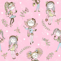 Seamless pattern with cute trendy teen girls on pink background . Vector.
