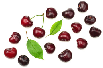 red cherry isolated on white background. Top view