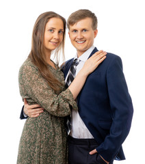 Businessman hugs a girl in a dress. isolated on white