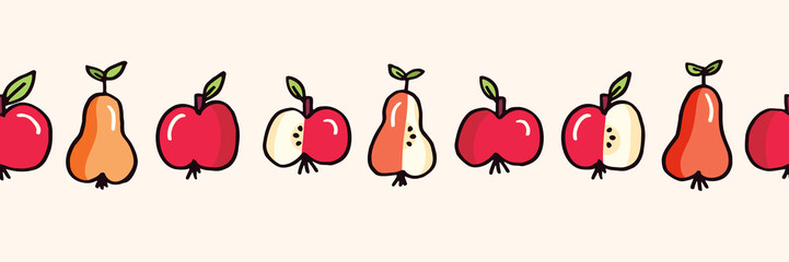 Cute Colorful Hand Drawn Felt Tip Pen Fresh and Juicy Apple and Pears Fruits on White Vector Seamless Horizontal Pattern Border . Healthy Food Design. Vintage Cute Fashion, Textile Packaging Print