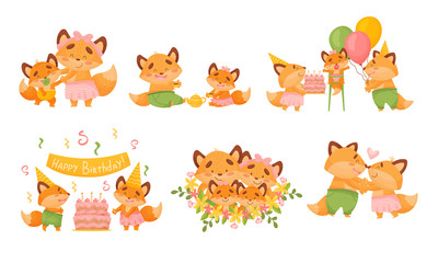 Happy Fox Family Celebrating Birthday of Their Little Cubs Vector Set