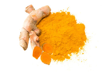 Turmeric powder isolated on white background. Top view.