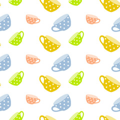 Seamless pattern with colorful cute cups.Template for design fabric, backgrounds, wrapping paper, package.