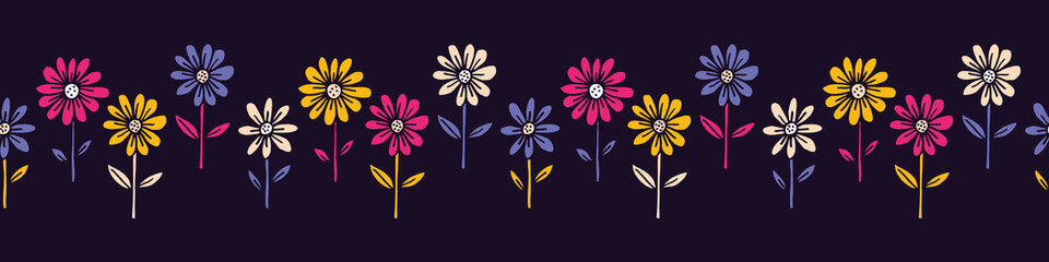 Colorful Hand Drawn Felt Tip Pen Daisies with Stems and Leaves on Dark Background Floral Vector Seamless Horizontal Pattern Border. Growing Flowers Design. Bold LargeBlooms Fashion, Textile Print