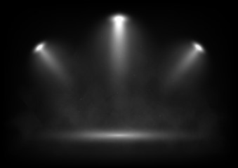 Vector spotlights on scene with light beams in the smoke. Design for presentation your product.