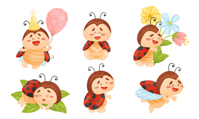 Cartoon Ladybug Sleeping on Green Leaf and Holding Balloon Vector Set