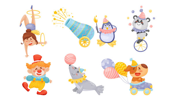Circus Artists with Animals Cycling and Driving Car Vector Set