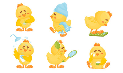 Cartoon Yellow Chicken in the Morning Taking a Shower and Doing Its Feathers Vector Set