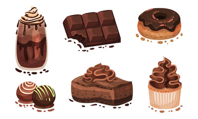 Chocolate Desserts with Doughnut and Bar of Chocolate Vector Set