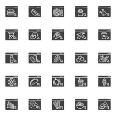 Online fast food ordering vector icons set, modern solid symbol collection, filled style pictogram pack. Signs, logo illustration. Set includes icons as hamburger, sushi rolls, drinks, vegetable salad