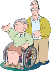 車椅子のお婆さんを介護する夫