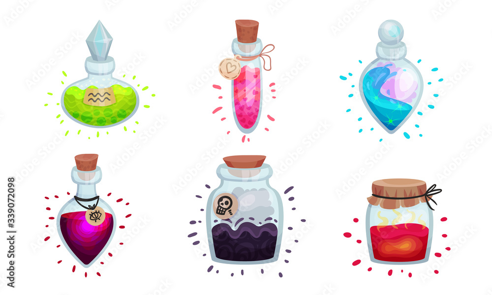 Poster glass bottles and jars with potion corked with bottle cap and lid vector set
