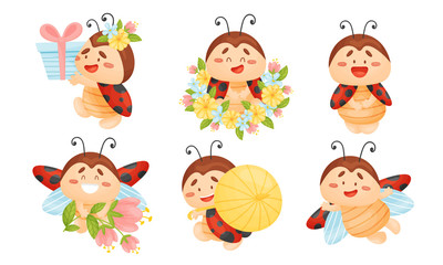 Cartoon Ladybug Carrying Gift Box and Holding Flower Vector Set
