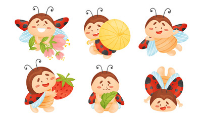 Cartoon Ladybug Eating Green Leaf and Carrying Ripe Strawberry Vector Set