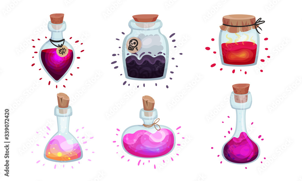 Poster glass bottles and jars with potion corked with bottle cap and lid vector set