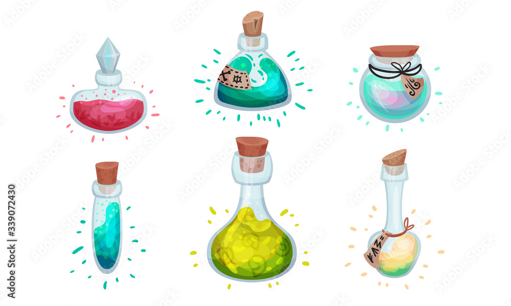 Poster glass bottles and jars with potion corked with bottle cap and lid vector set