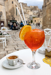  A refreshing aperol spritz in one of the cafes in Sassi di Matera, the historic district of...