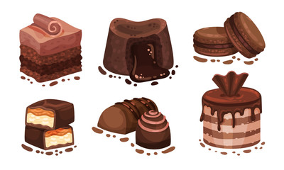 Chocolate Desserts with Layered Cake and Macarons Vector Set
