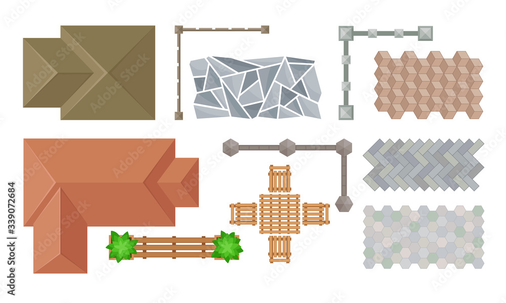 Poster landscape design elements with stone setting and pergola vector set