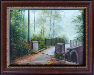 framed picture. Oil painting landscape , colorful summer forest, beautiful river with a bridge