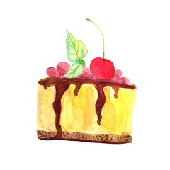 watercolor illustration of cake, cherry pie,cherry cake, food,dessert,chocolate,
