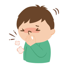 手で口を覆って咳をしている若い男性のイラスト。