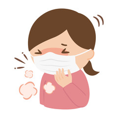 マスクごしに咳をしている若い女性のイラスト。