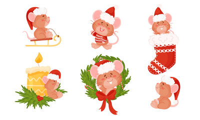 Cute Mouse with Long Tail and Protruding Ears Sitting in Christmas Sock and Sledging Vector Set