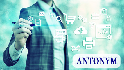 Word writing text Antonym. Business photo showcasing word or phrase whose meaning is the opposite...