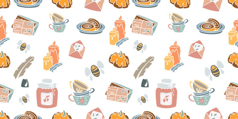 Vector illustration with baking, mugs, candles, letters, jam and other elements. Seamless pattern