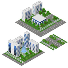 Modern City isometric set. Big office and shop building. Isolated modules, apartment houses, street and square with fountain. Isolated modules to create urban cityscape. Vector illustration