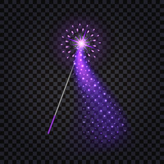 Magic wand with glowing effect, star and glitter sparkles. Isolated element for game or cartoon. Vector illustration