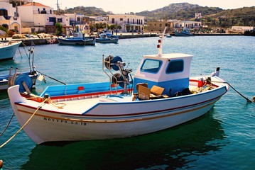 Fishing boats in the harbor of Lipsi island in Greece.
