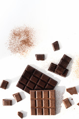 pieces of black and milk chocolate with cocoa powder are scattered on a white background