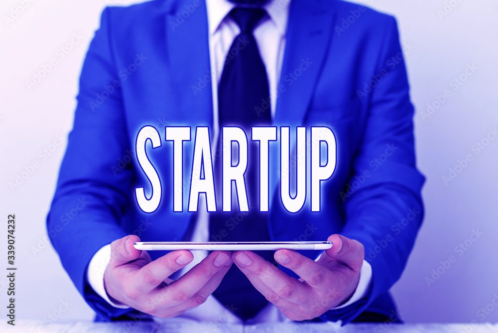 Poster word writing text startup. business photo showcasing the action of setting something in motion newly