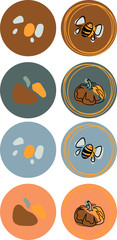 Highlights icon. Stories Covers abstract Icons. Set of icons with pumpkins and bees. Vector illustration