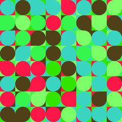 Seamless pattern - circles in squares. Smooth figures. Green, red, blue colors. Background, texture for paper, textiles, websites, applications.