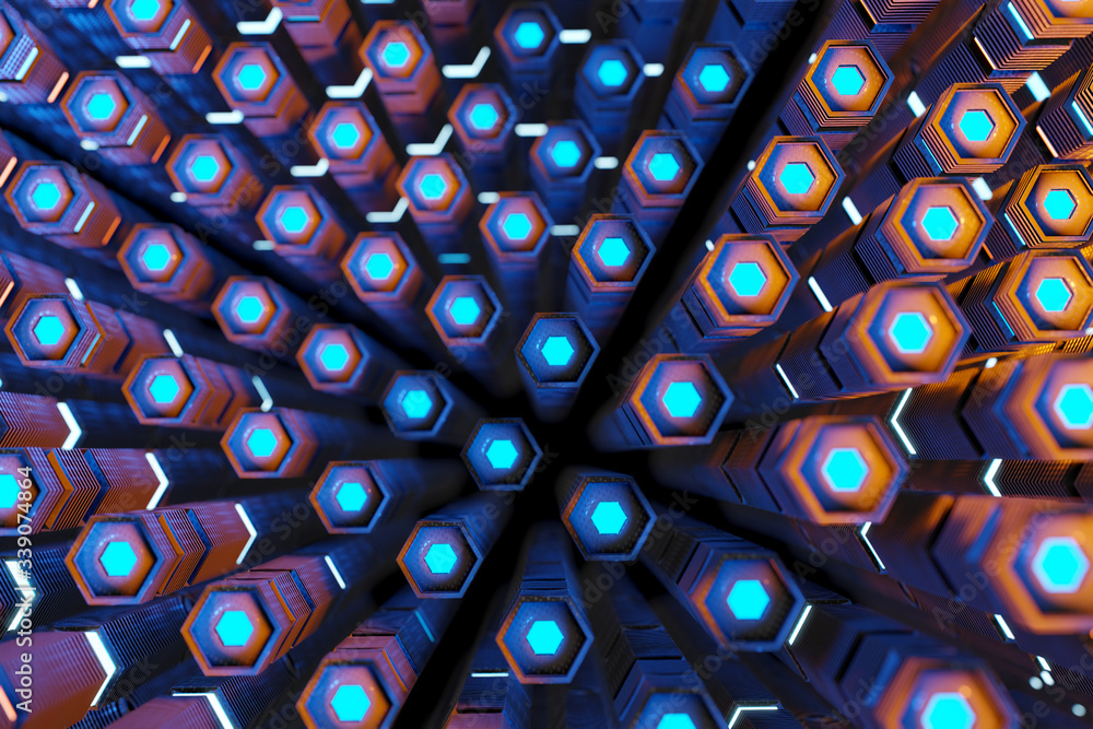 Poster metallic black blue and orange glowing hexagons moving pillars background 3d rendering